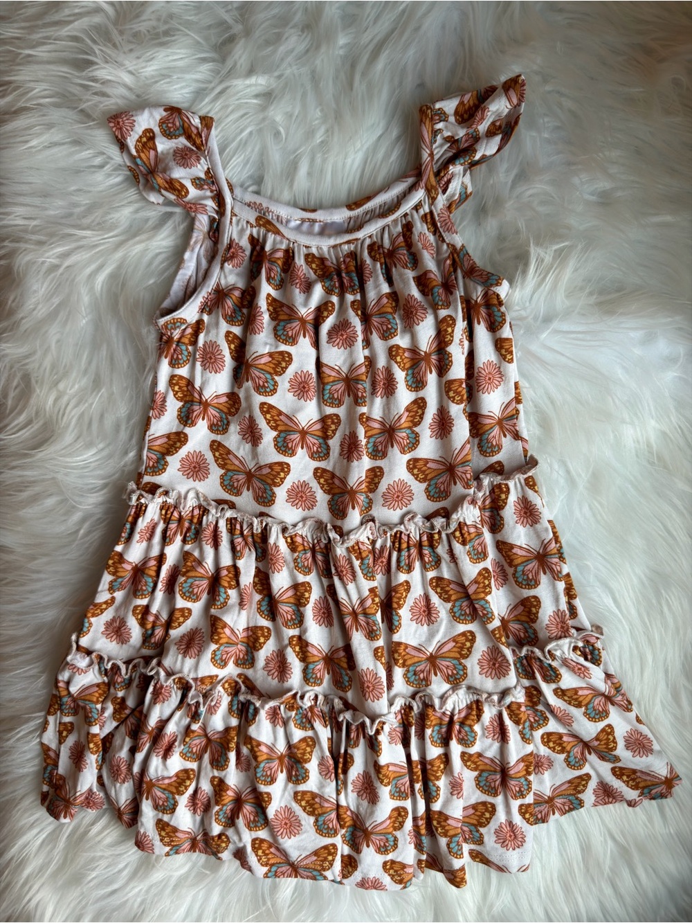 Posh Peanut Tiered Jocelyn Brown/Pink/Teal Butterfly Dress 3/4 EUC